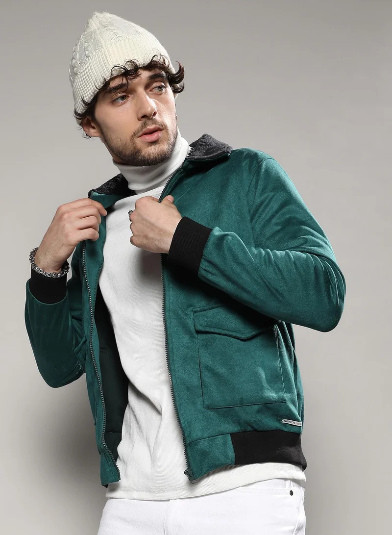 Campus Sutra Men's Forest Green Zip-Front Jacket With Fleece Collar