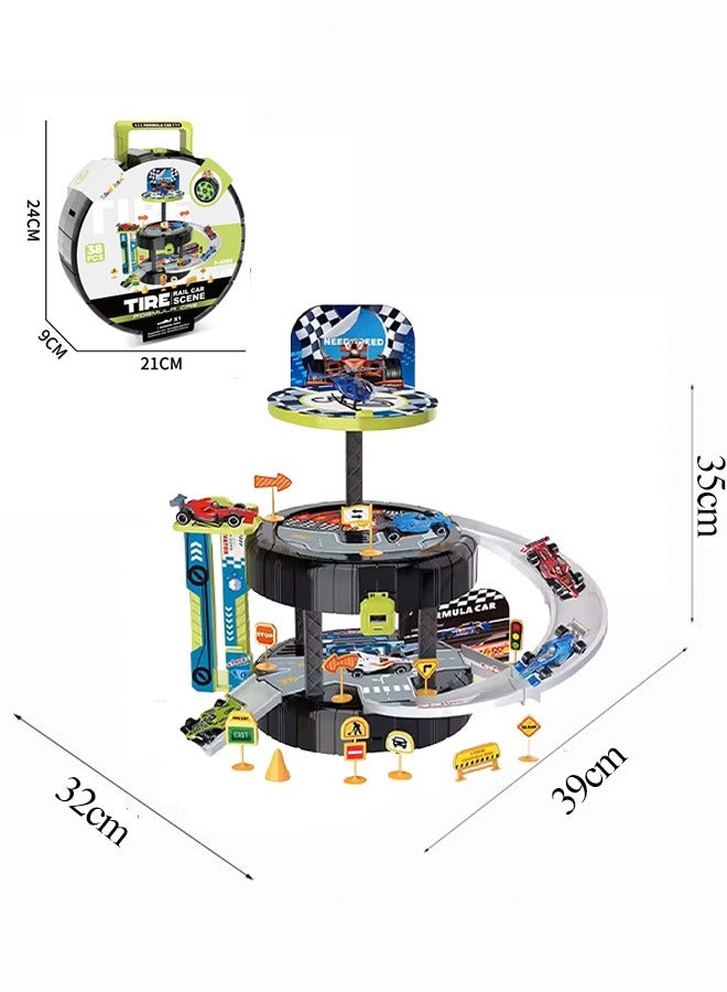 Track Car Playset, Tire-shaped Parking Lot Playset with Helicopter Pad, Race Tracks Boys Toys with Adventure Track and Alloy Racer Car, Toy Car Ramp Track, Construction Play Set, Sturdy Durable Track Car Playset, Educational Toys, Vehicle Playsets for 3+ Year Old Kids, Easy to Storage and Carry  - Image 2