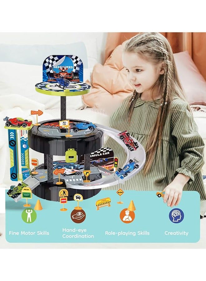 Track Car Playset, Tire-shaped Parking Lot Playset with Helicopter Pad, Race Tracks Boys Toys with Adventure Track and Alloy Racer Car, Toy Car Ramp Track, Construction Play Set, Sturdy Durable Track Car Playset, Educational Toys, Vehicle Playsets for 3+ Year Old Kids, Easy to Storage and Carry  - Image 3