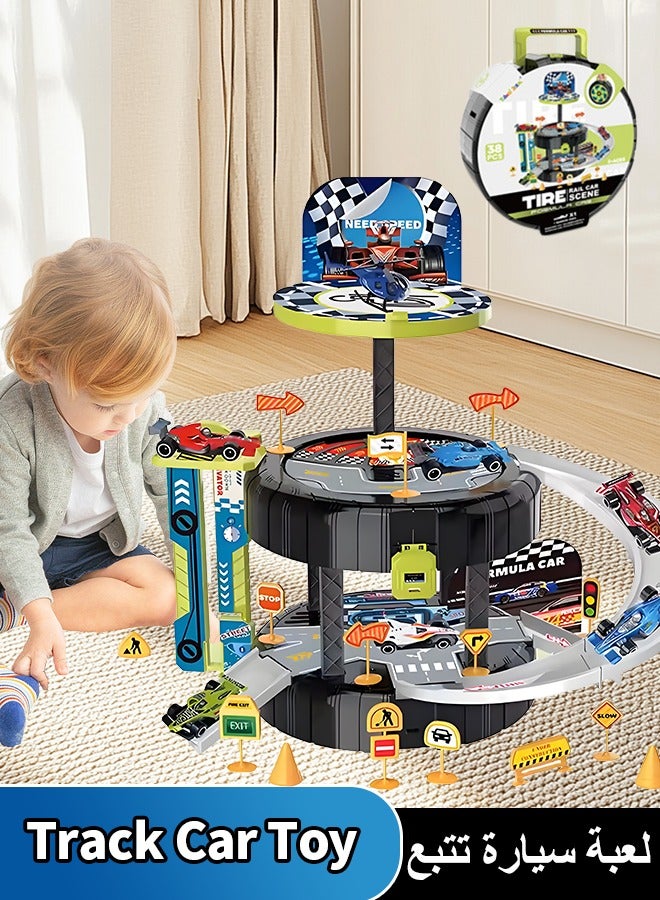 Track Car Playset, Tire-shaped Parking Lot Playset with Helicopter Pad, Race Tracks Boys Toys with Adventure Track and Alloy Racer Car, Toy Car Ramp Track, Construction Play Set, Sturdy Durable Track Car Playset, Educational Toys, Vehicle Playsets for 3+ Year Old Kids, Easy to Storage and Carry  - Image 1