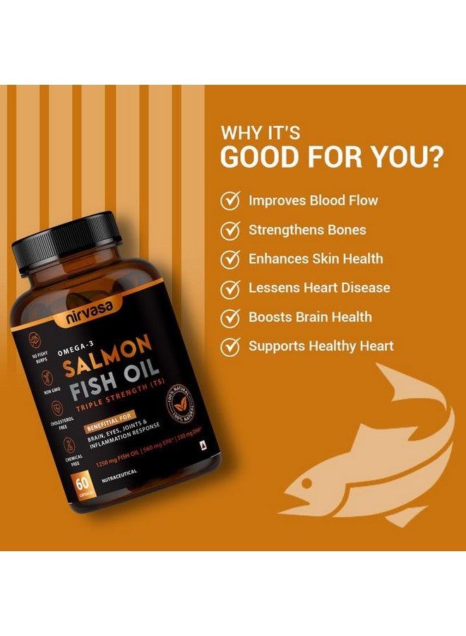 Nirvasa Omega 3 Salmon Fish Oil Capsules (Triple Strength) for Men & Women|1250mg Salmon Fish Oil,560mg EPA & 400mg DHA|No Fishy Burps|Supports Healthy Heart,Brain & Bones - 60 Softgels x 2,100 grams - Image 5
