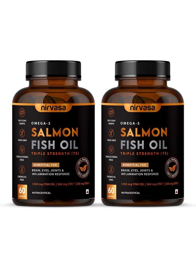 Nirvasa Omega 3 Salmon Fish Oil Capsules (Triple Strength) for Men & Women|1250mg Salmon Fish Oil,560mg EPA & 400mg DHA|No Fishy Burps|Supports Healthy Heart,Brain & Bones - 60 Softgels x 2,100 grams - Image 1