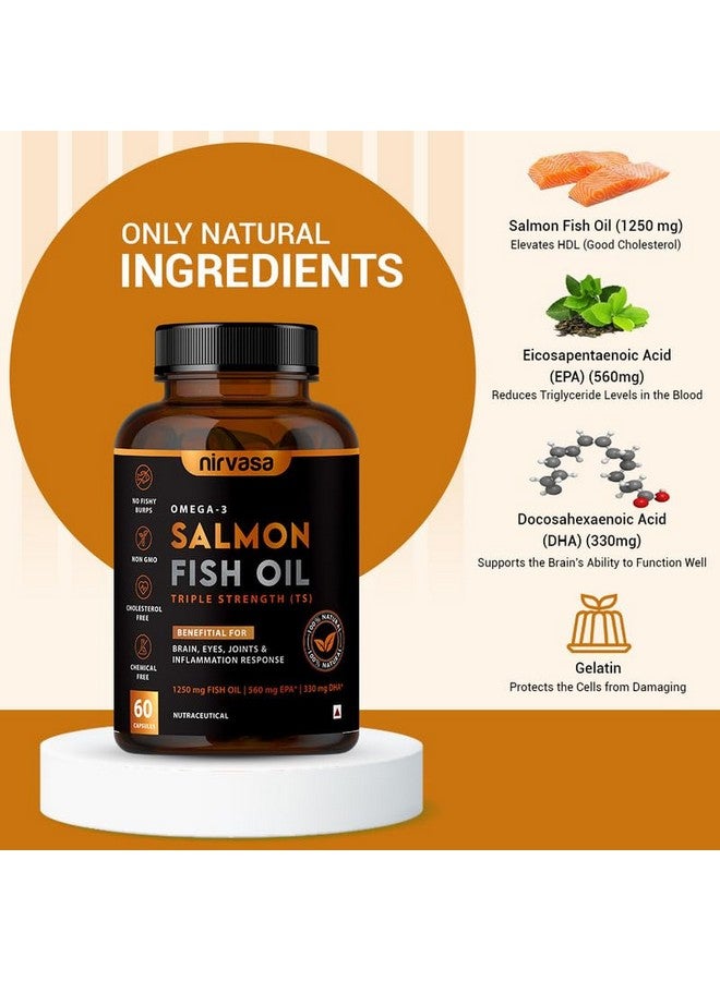 Nirvasa Omega 3 Salmon Fish Oil Capsules (Triple Strength) for Men & Women|1250mg Salmon Fish Oil,560mg EPA & 400mg DHA|No Fishy Burps|Supports Healthy Heart,Brain & Bones - 60 Softgels x 2,100 grams - Image 4