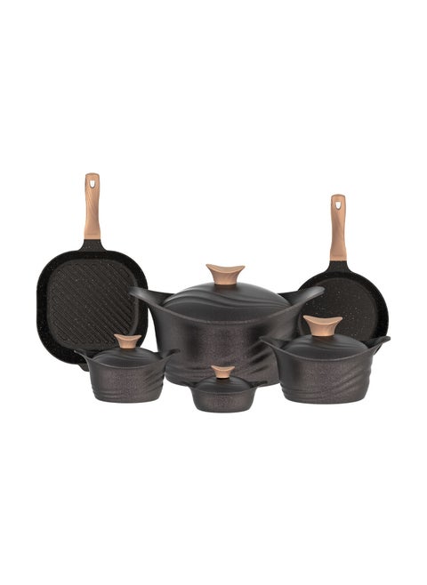 14 Pcs Cookware Set Granite Pot Set with Wooden Handle Black Titanium