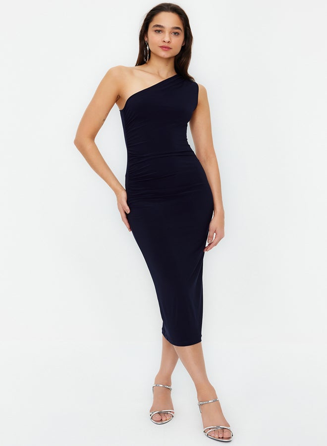 trendyol Navy Blue One Shoulder Draped Fitted Maxi Flexible Knitted Midi Pencil Dress TWOSS24EL00100 - Image 1