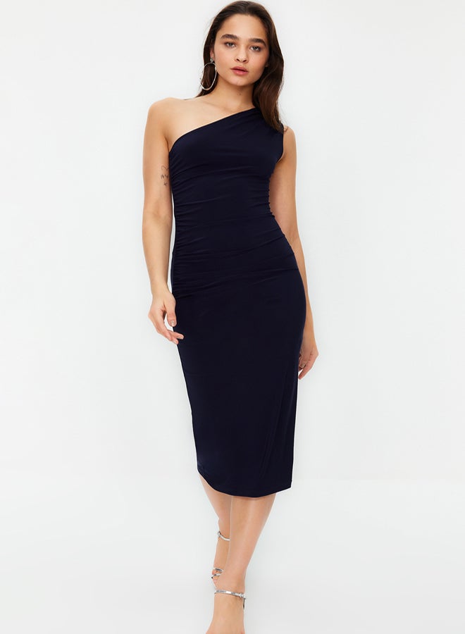 trendyol Navy Blue One Shoulder Draped Fitted Maxi Flexible Knitted Midi Pencil Dress TWOSS24EL00100 - Image 3