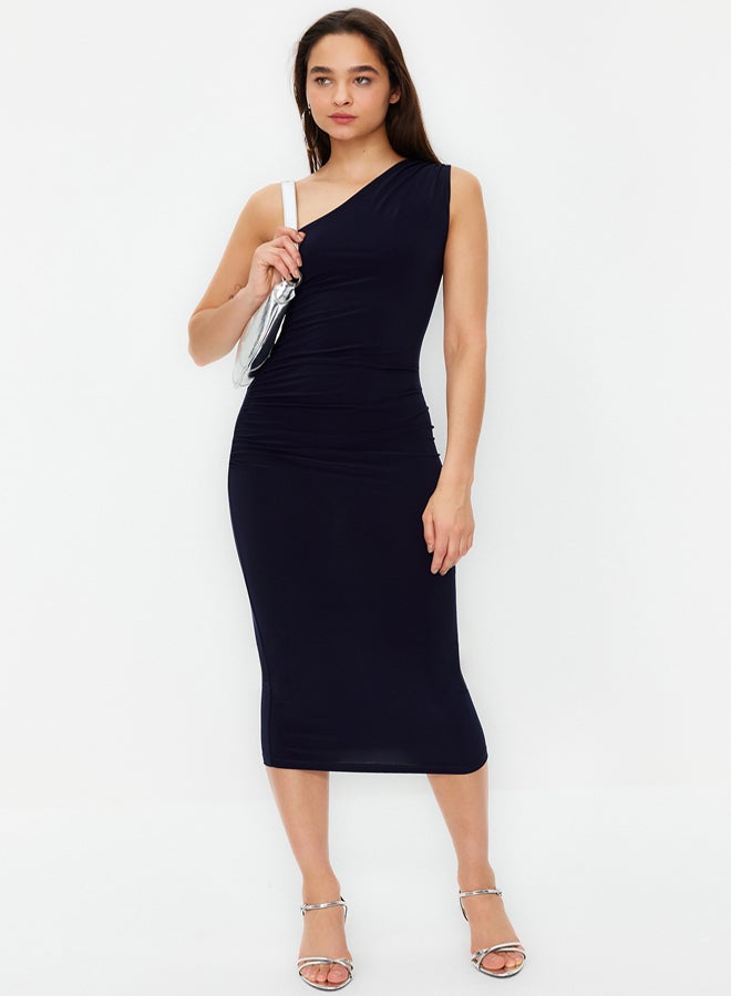 trendyol Navy Blue One Shoulder Draped Fitted Maxi Flexible Knitted Midi Pencil Dress TWOSS24EL00100 - Image 2