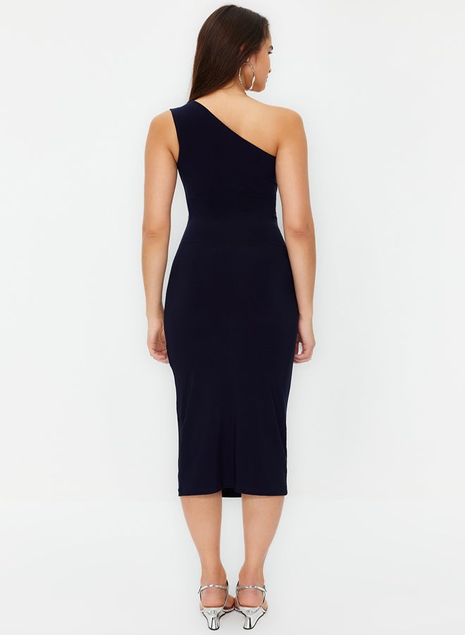 trendyol Navy Blue One Shoulder Draped Fitted Maxi Flexible Knitted Midi Pencil Dress TWOSS24EL00100 - Image 5