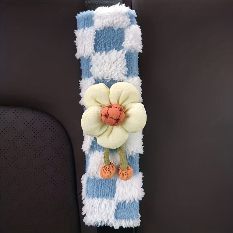 Blue And White Floral Checkerboard 3D Flower Car Seat Belt Shoulder Pad - Image 2
