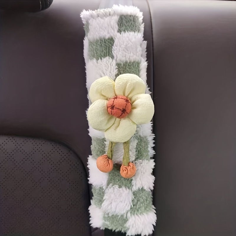 Blue And White Floral Checkerboard 3D Flower Car Seat Belt Shoulder Pad - Image 1