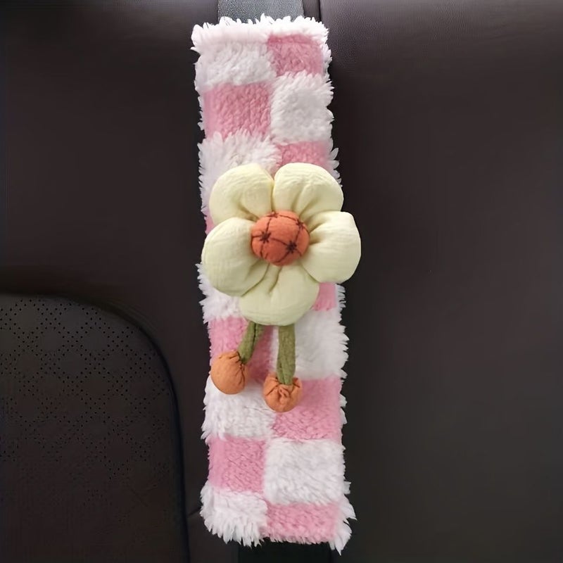 Blue And White Floral Checkerboard 3D Flower Car Seat Belt Shoulder Pad - Image 4
