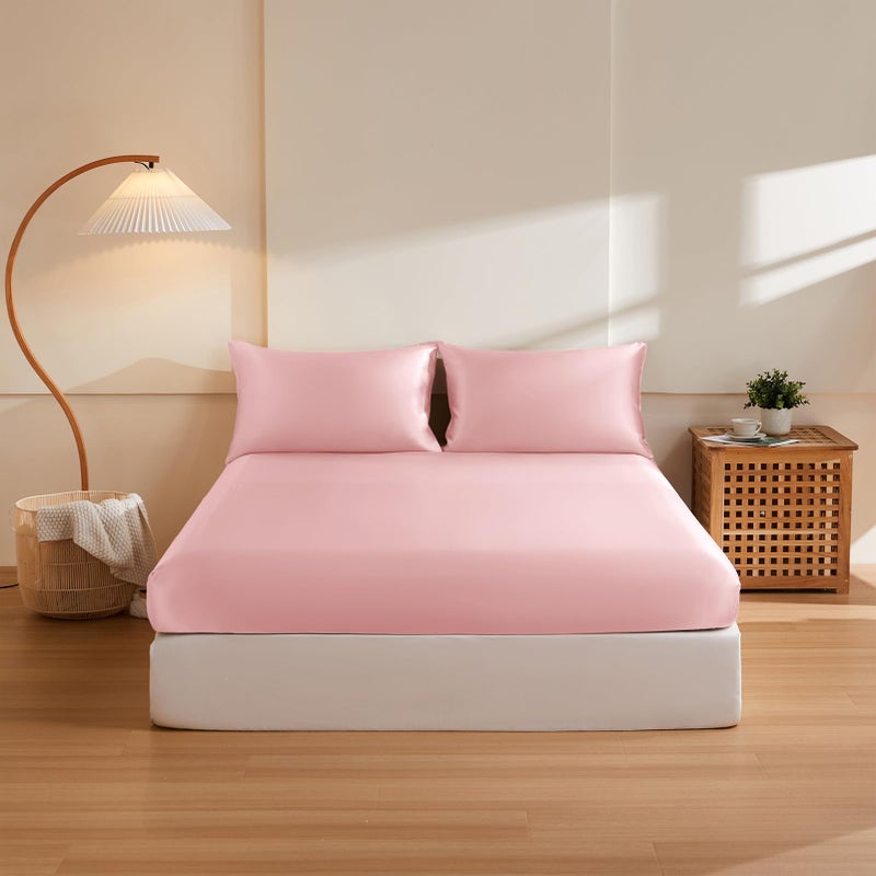 THXSILK Silk Queen Fitted Sheet 3Pcs Set  6A+ Top Grade 100% Pure Mulberry Silk Bed Sheets Set Luxury Bedding Sheet for Hair and Skin  1 Fitted Sheet with 2 Pillowcases  Charming Pink - Image 1
