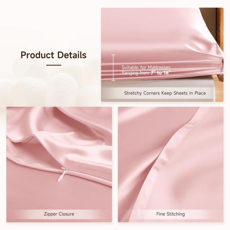 THXSILK Silk Queen Fitted Sheet 3Pcs Set  6A+ Top Grade 100% Pure Mulberry Silk Bed Sheets Set Luxury Bedding Sheet for Hair and Skin  1 Fitted Sheet with 2 Pillowcases  Charming Pink - Image 4