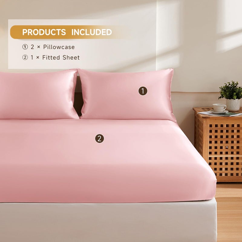 THXSILK Silk Queen Fitted Sheet 3Pcs Set  6A+ Top Grade 100% Pure Mulberry Silk Bed Sheets Set Luxury Bedding Sheet for Hair and Skin  1 Fitted Sheet with 2 Pillowcases  Charming Pink - Image 2
