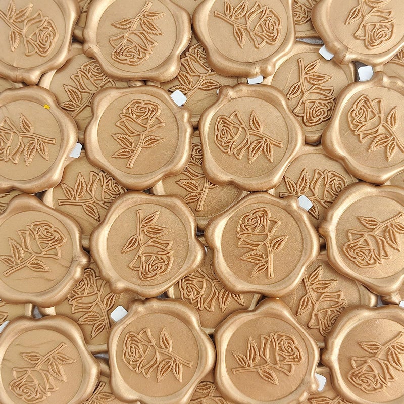 Pilloze Wax Seal Stickers - 3D Rose Wedding Invitation Envelope Botanical Seal Stickers, 50 Pcs Self- Adhesive Light Gold Stickers, Perfect for Invitation, Christmas, Gift Wrapping, Wedding, Party - Image 1