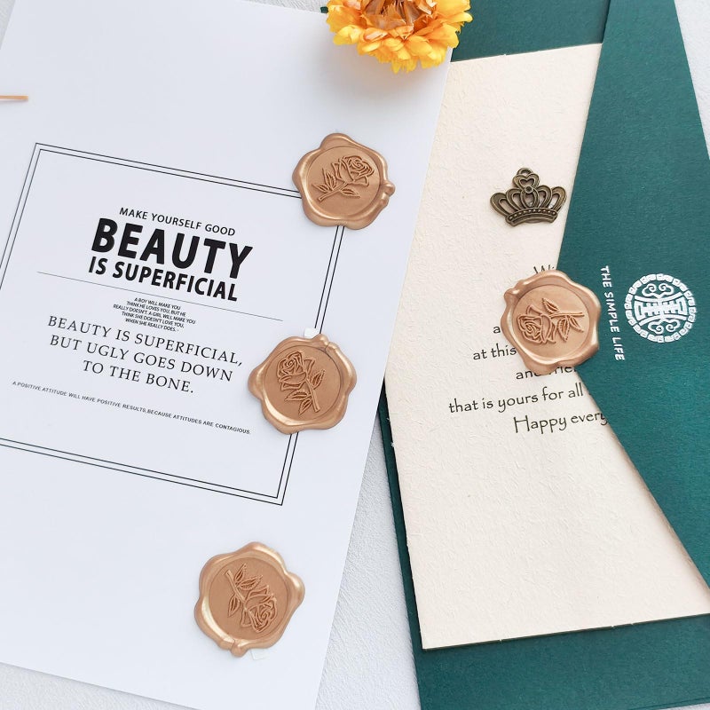 Pilloze Wax Seal Stickers - 3D Rose Wedding Invitation Envelope Botanical Seal Stickers, 50 Pcs Self- Adhesive Light Gold Stickers, Perfect for Invitation, Christmas, Gift Wrapping, Wedding, Party - Image 4