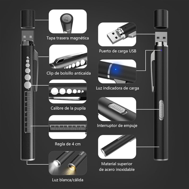 GIFTER LED Penlight Rechargeable 2PCS Pen Portable Light with Pupil Gauge and 4cm Ruler USB Charging Dual White Warm Light Aluminum Pocket Flashlight for Nurse Doctor - Image 5