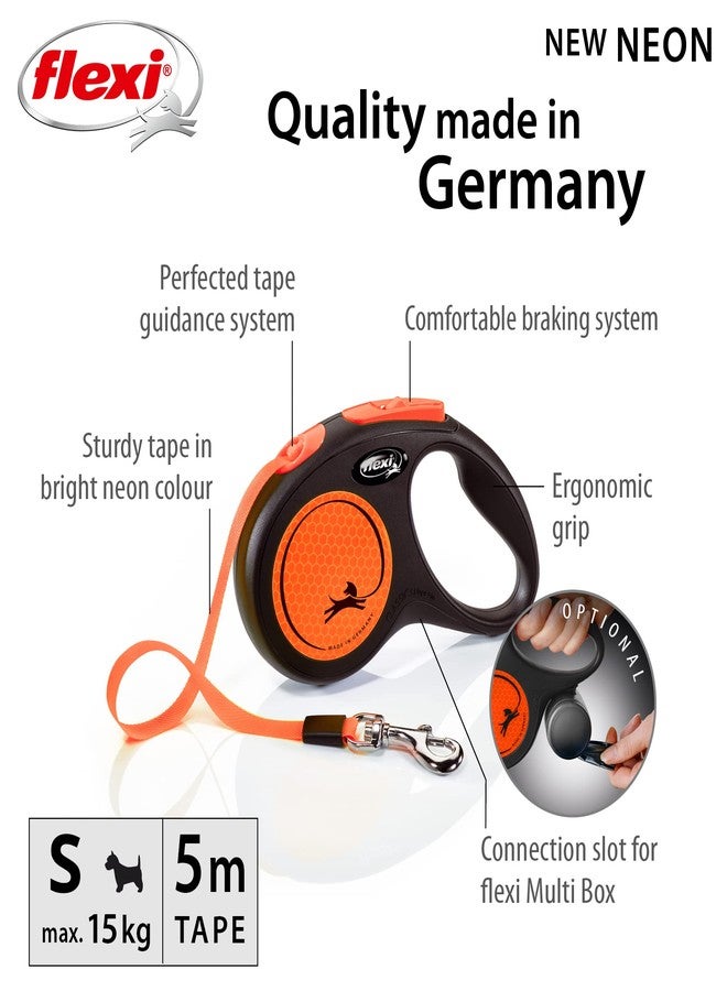 Flexi Retractable Dog Leash New Neon Tape Leash 5m/16ft, with Anti-Slip Grip Handle, Strong & Durable Lead Holds up to 15kg, for Small Dogs, Orange - Image 2