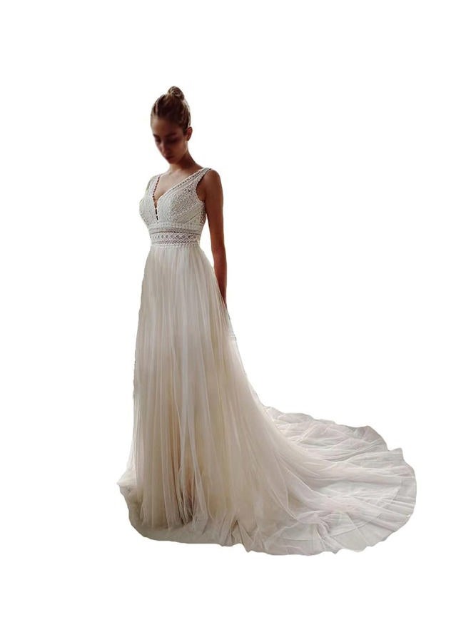 Sorayan Wedding Dresses for Bride Illusory Lace Bohemia V Neck Layers Tulle A Line Beachy Wedding Gowns, White, XL - Image 1