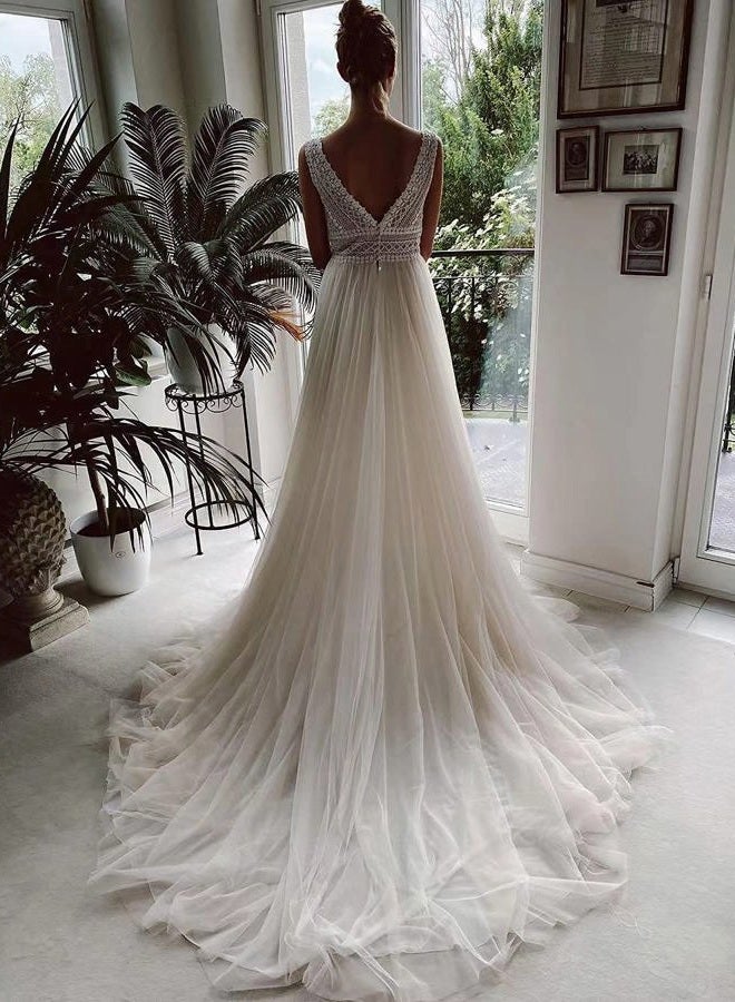 Sorayan Wedding Dresses for Bride Illusory Lace Bohemia V Neck Layers Tulle A Line Beachy Wedding Gowns, White, XL - Image 3