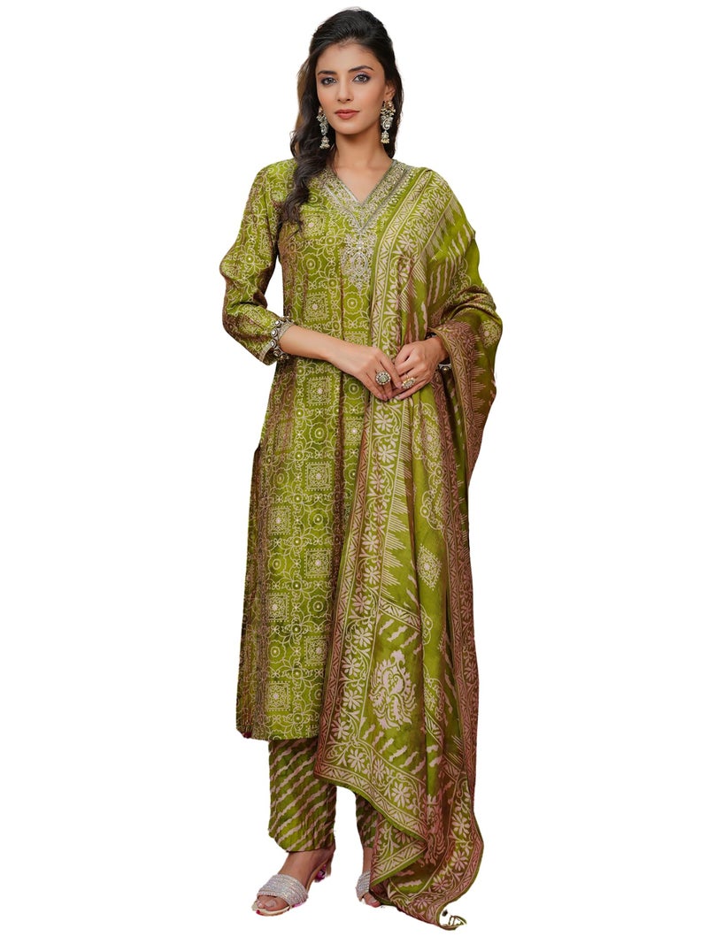 Vaamsi Women's Green Silk Blend Embroidered Straight Ethnic Motifs Kurta Trousers With Dupatta Set | Daily Straight Kurta Set For Women | Embroidered Salwar Suit For Women (SKSKD3122, XL) - Image 1