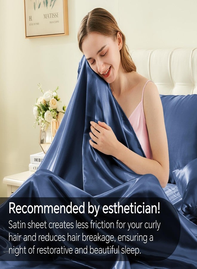 BEDELITE King Size Sheets Set, Luxury Soft Navy Satin Sheets for Hair and Skin, Similar to Silk Bed Sheets Set 4 Pieces with 1 Deep Pocket Fitted Sheet, 1 Flat Sheet, and 2 Pillowcases - Image 4