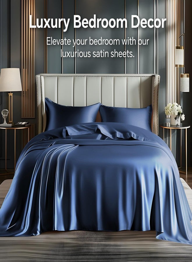 BEDELITE King Size Sheets Set, Luxury Soft Navy Satin Sheets for Hair and Skin, Similar to Silk Bed Sheets Set 4 Pieces with 1 Deep Pocket Fitted Sheet, 1 Flat Sheet, and 2 Pillowcases - Image 2