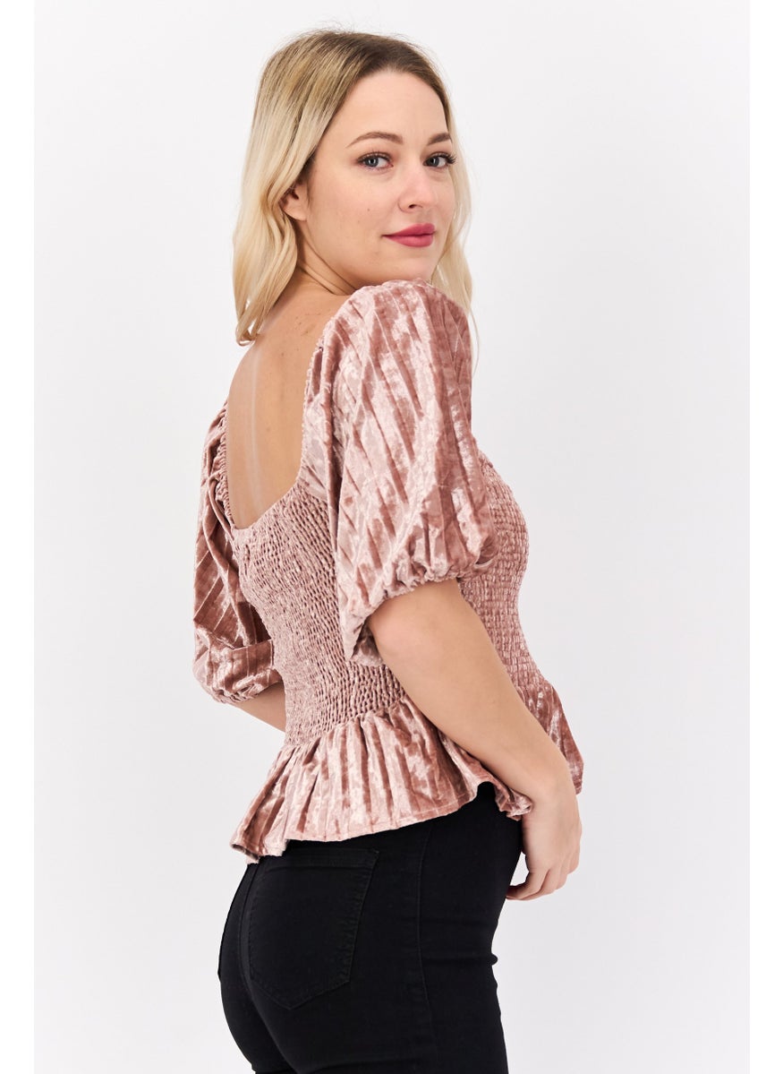 NIA Women Square Neck Short Sleeves Smocked Velvet Blouse, Blush  - Image 2