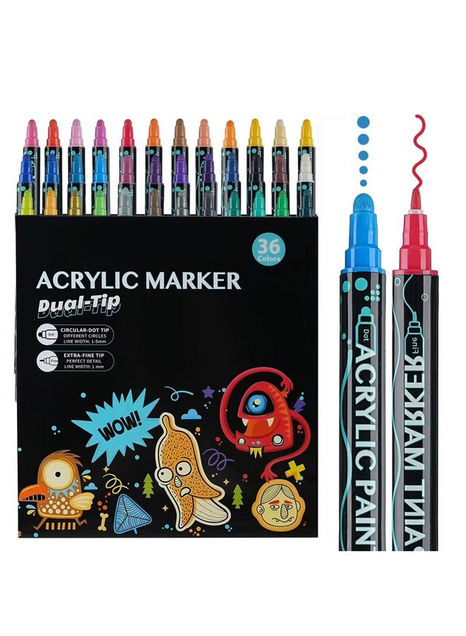 Zeemey 36PCS Double-ended Acrylic Paint Marker, Dot & Fine Tip Premium Coloring Drawing Markers Set For Children's Student Handbook,Rock Painting, Wood, Ceramic, Glass, DIY Crafts & Art Supplies. Marker Pen Color Graffiti Marker Pen Painting Art Tools Stationery - Image 1