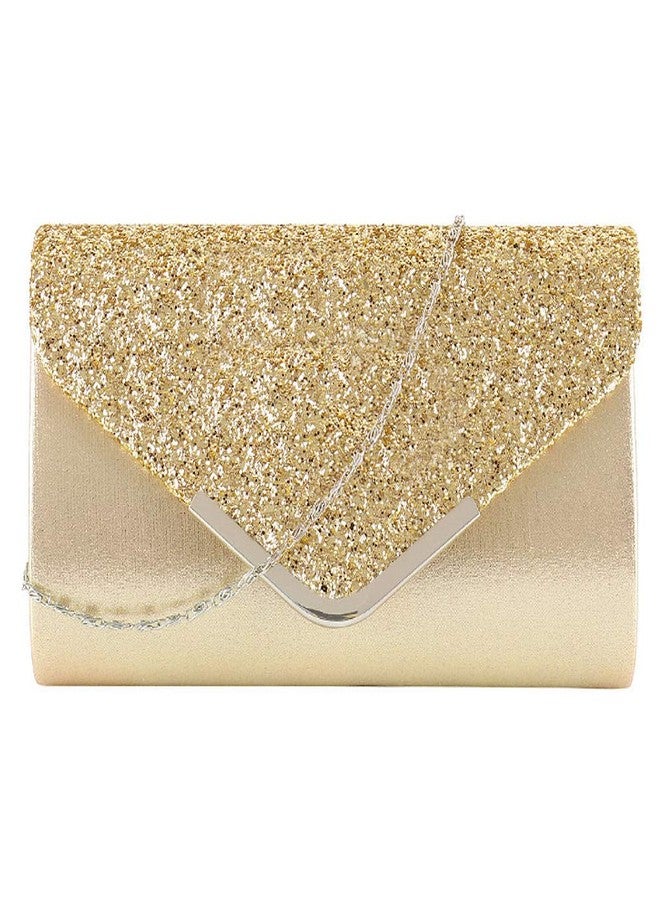 Queena Womens Shiny Glitter Evening Clutch Envelope Handbag Chain Purse for Wedding Party Prom Gift for Mom Wife Girlfriend Gold - Image 1