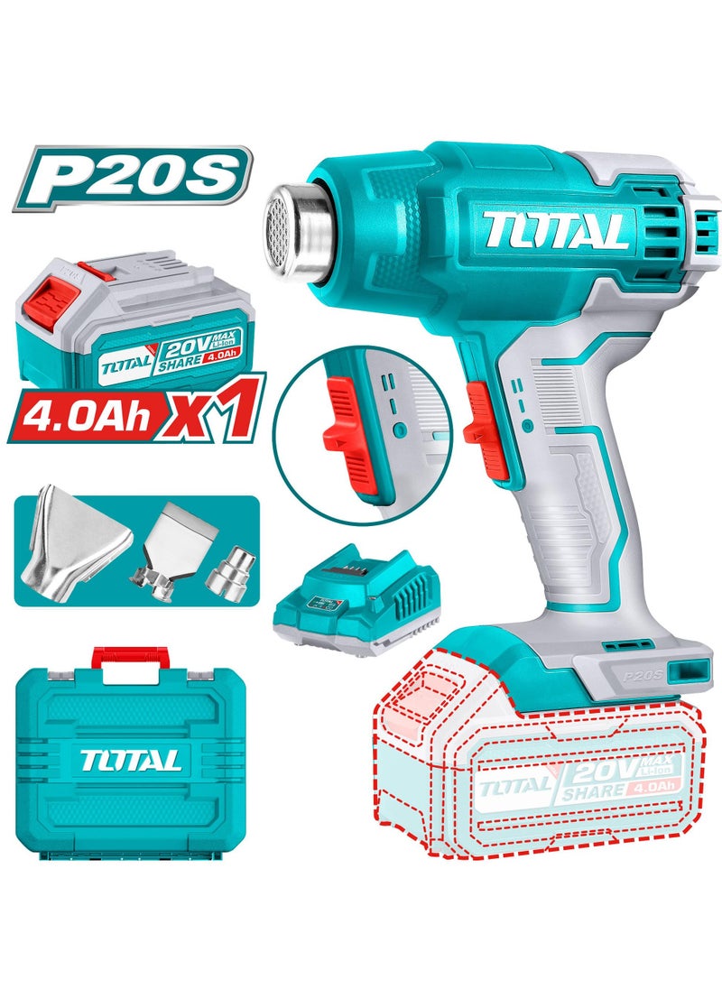 TOTAL - TOTAL 20V Cordless Heat Gun with 4.0Ah Battery, Charger & 3 Nozzles – Dual Temperature Settings (300°C / 550°C), Portable Hot Air Tool for Paint Removal, Shrink Wrapping & DIY Projects - Image 1