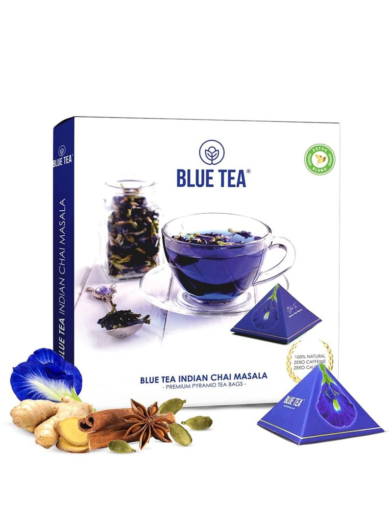 BLUE TEA - Indian Chai Masala - 12 Count - Pyramid Plant Based Tea Bag | Butterfly Pea Flower | Flower & Indian Spices Based | Caffeine Free - Detox Tea - Herbal Tea - Non Bitter | Gifts Box - Image 1