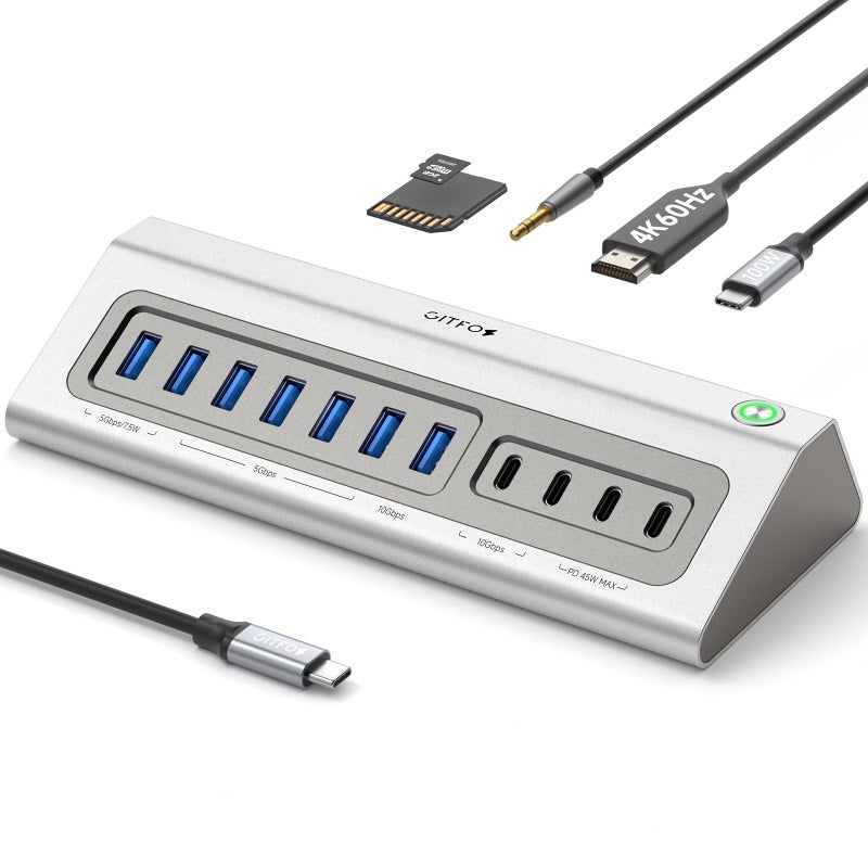 Gitfos Powered USB Hub,18 in 1 USB C Hub with 4K HDMI,PD 100W,45W Charging,10Gbps Data,SD/TF,Audio,65W Power Adapter & 3.3FT Cable,Aluminum,Smart Button, USB Hub for Laptop,MacBook,iPhone 17/16,iPad - Image 1