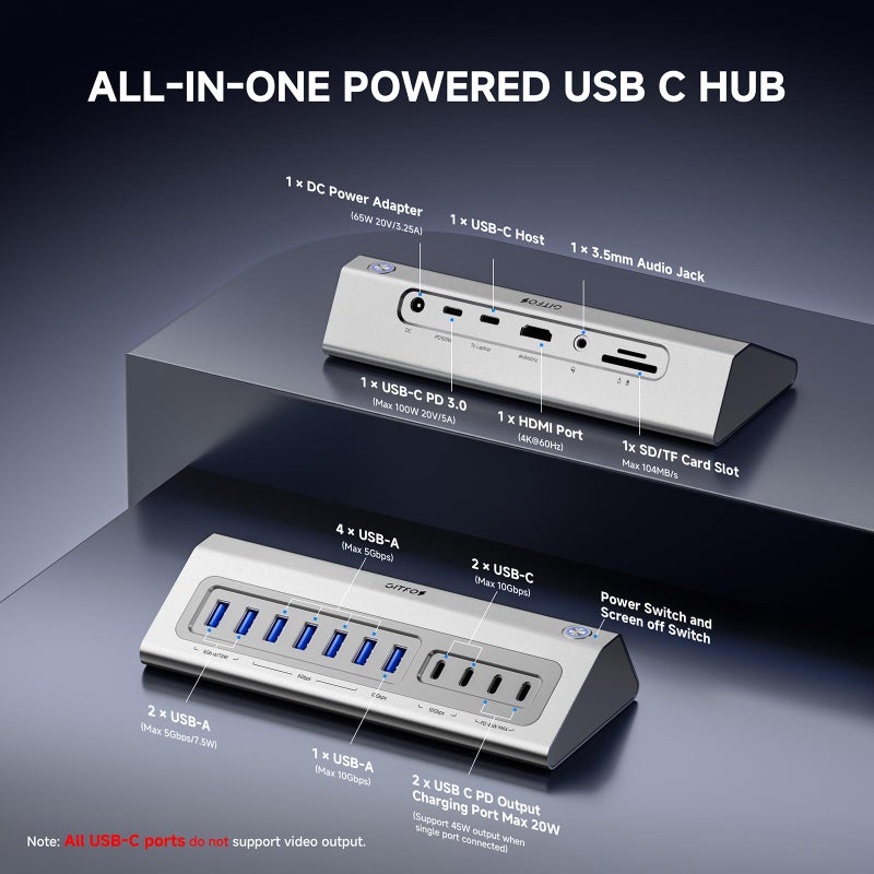 Gitfos Powered USB Hub,18 in 1 USB C Hub with 4K HDMI,PD 100W,45W Charging,10Gbps Data,SD/TF,Audio,65W Power Adapter & 3.3FT Cable,Aluminum,Smart Button, USB Hub for Laptop,MacBook,iPhone 17/16,iPad - Image 2