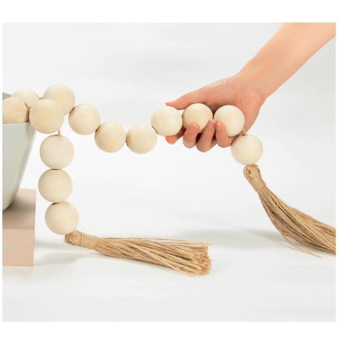76 LONG EXTRA LARGE WOOD BEAD GARLAND WITH 16 DIAMETER WOODEN BEADS AND TASSELS RUSTIC FARMHOUSE COUNTRY DECORATIVE BEADS FOR HOME TIERED TRAY DECOR NATURAL BEIGE