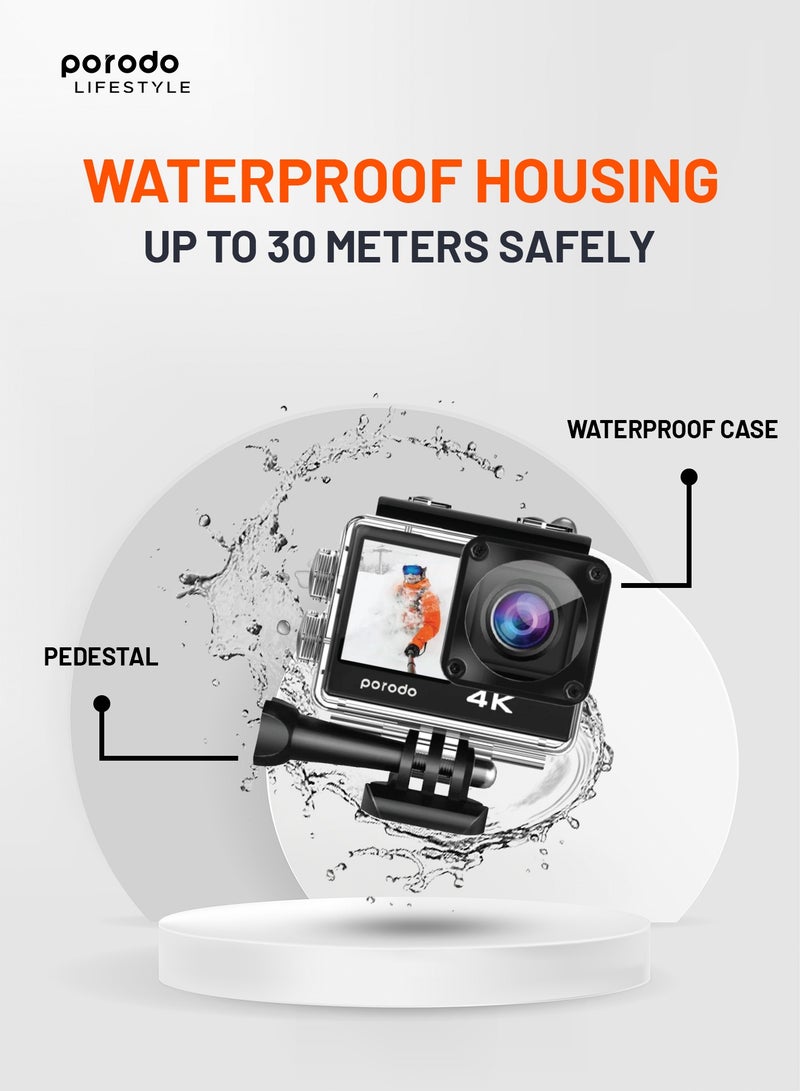 porodo Waterproof 4K Action Camera / 16MP HD Photos /with Multiple Shooting Modes, Time-lapse, Loop Recording, Slow Motion / Dual Screen Display Action Camera for Outdoor & Adventures - Black  - Image 2