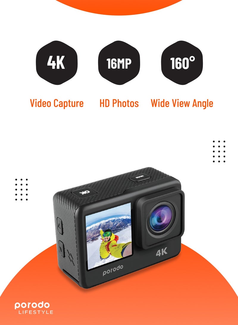 porodo Waterproof 4K Action Camera / 16MP HD Photos /with Multiple Shooting Modes, Time-lapse, Loop Recording, Slow Motion / Dual Screen Display Action Camera for Outdoor & Adventures - Black  - Image 3