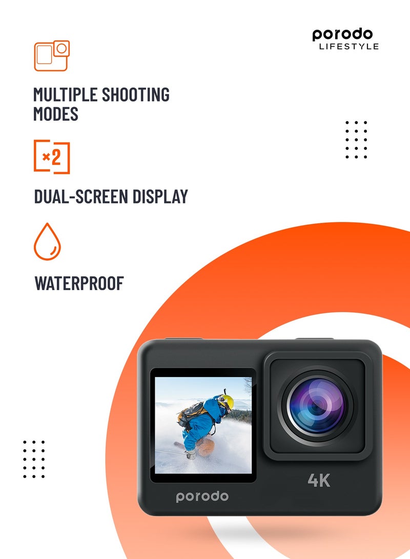 porodo Waterproof 4K Action Camera / 16MP HD Photos /with Multiple Shooting Modes, Time-lapse, Loop Recording, Slow Motion / Dual Screen Display Action Camera for Outdoor & Adventures - Black  - Image 4