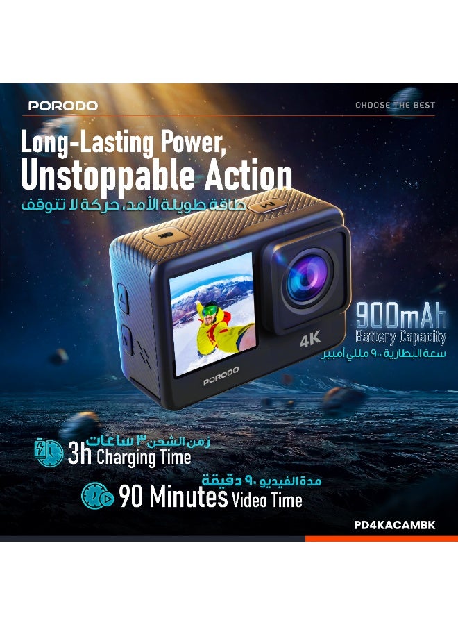 porodo Waterproof 4K Action Camera / 16MP HD Photos /with Multiple Shooting Modes, Time-lapse, Loop Recording, Slow Motion / Dual Screen Display Action Camera for Outdoor & Adventures - Black - Image 2