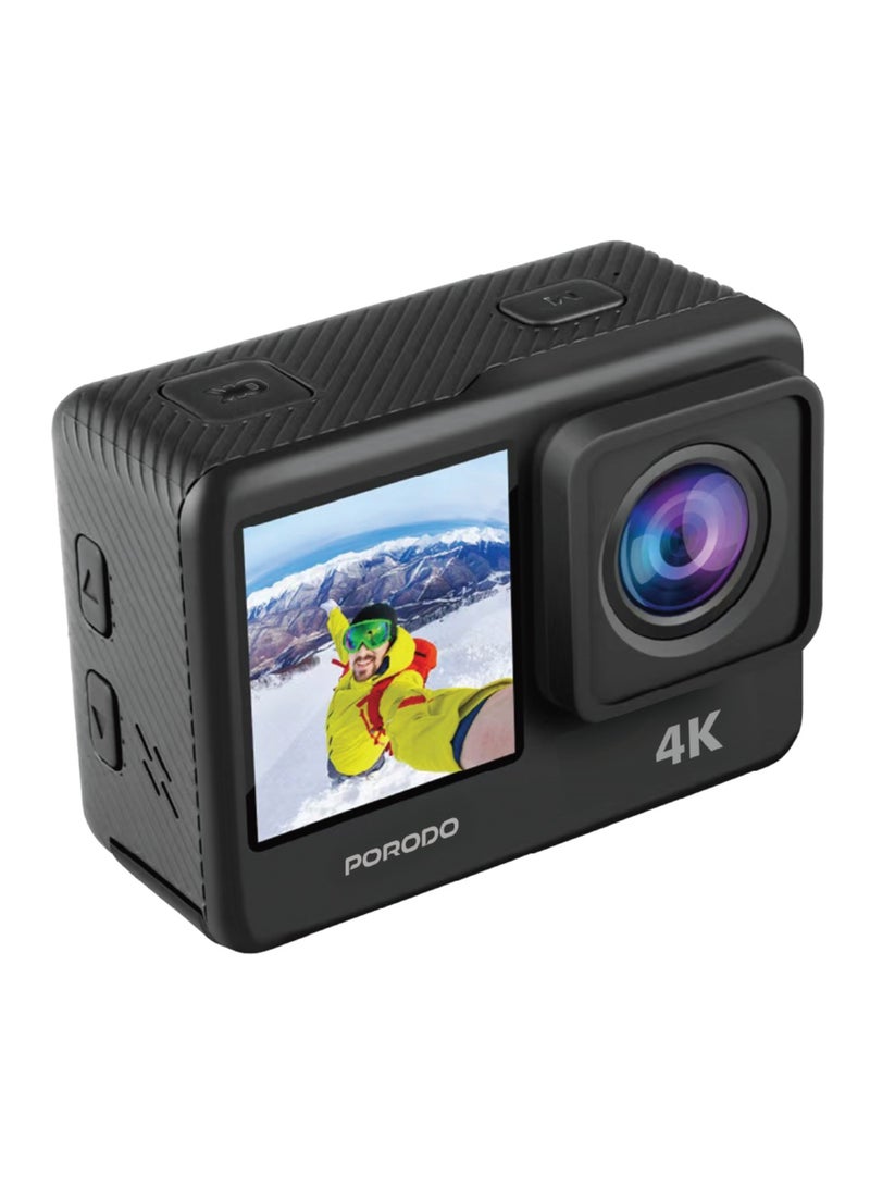 porodo Waterproof 4K Action Camera / 16MP HD Photos /with Multiple Shooting Modes, Time-lapse, Loop Recording, Slow Motion / Dual Screen Display Action Camera for Outdoor & Adventures - Black - Image 1