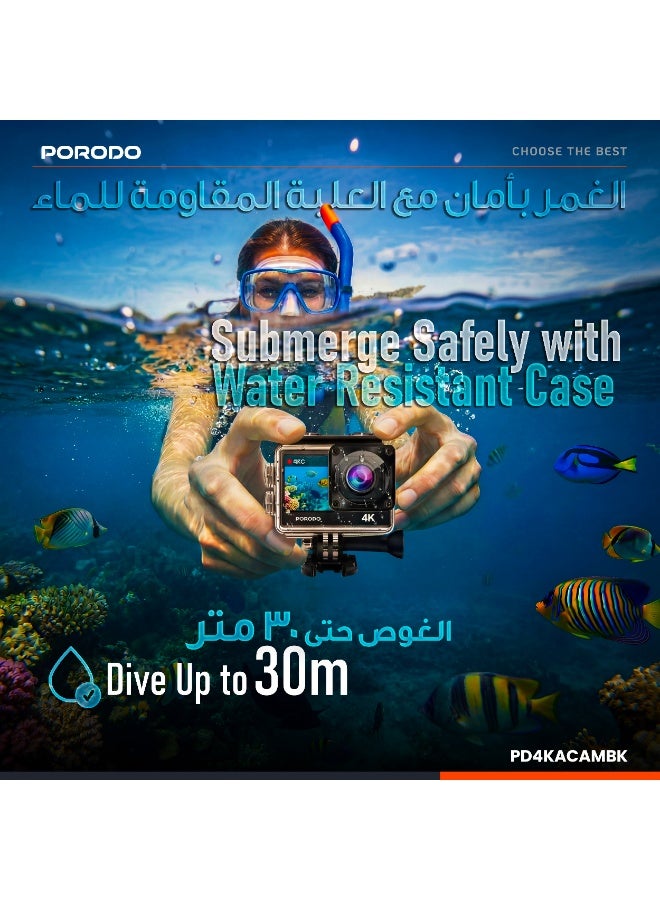 porodo Waterproof 4K Action Camera / 16MP HD Photos /with Multiple Shooting Modes, Time-lapse, Loop Recording, Slow Motion / Dual Screen Display Action Camera for Outdoor & Adventures - Black - Image 5