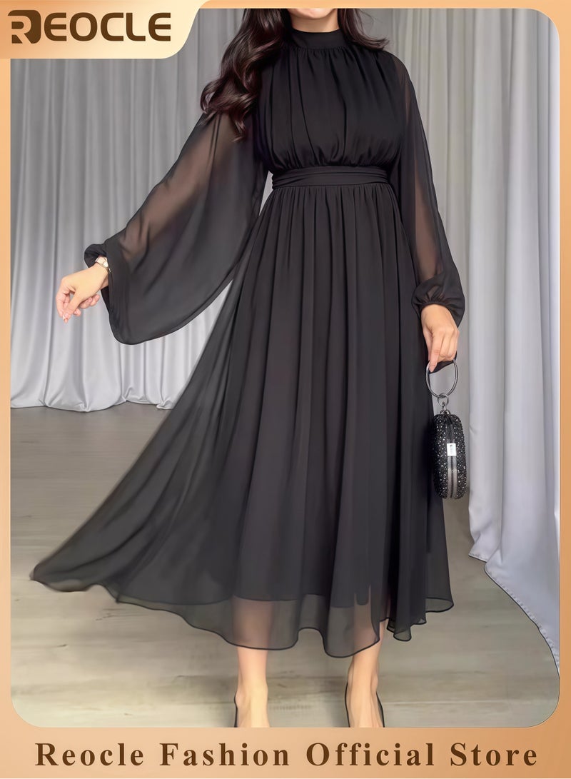 REOCLE Women's Casual Chiffon Long Dress Long Sleeve Crew Neck Dress High Waisted Pleated Design Loose Maxi Dress Solid Color A-Line Formal Dress - Image 1