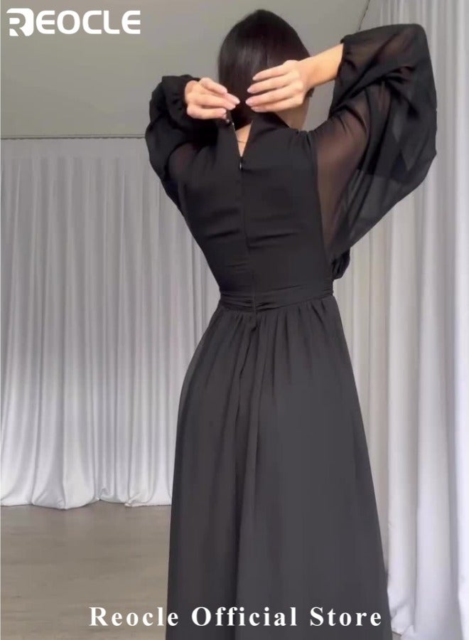 REOCLE Women's Casual Chiffon Long Dress Long Sleeve Crew Neck Dress High Waisted Pleated Design Loose Maxi Dress Solid Color A-Line Formal Dress - Image 4