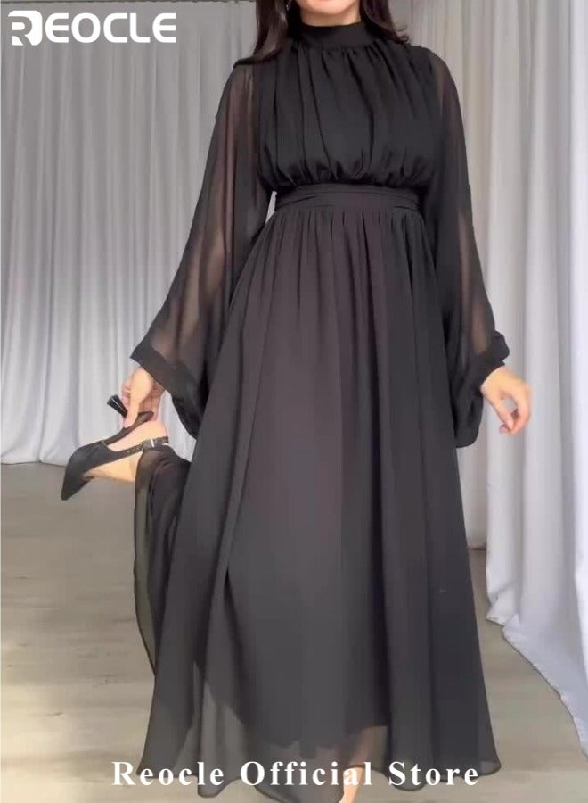 REOCLE Women's Casual Chiffon Long Dress Long Sleeve Crew Neck Dress High Waisted Pleated Design Loose Maxi Dress Solid Color A-Line Formal Dress - Image 3