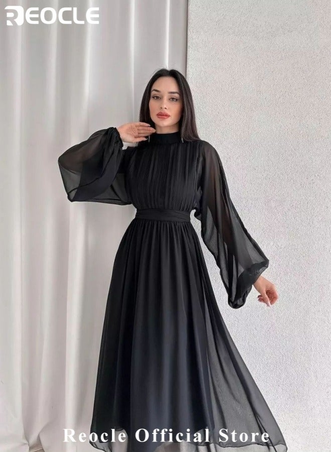REOCLE Women's Casual Chiffon Long Dress Long Sleeve Crew Neck Dress High Waisted Pleated Design Loose Maxi Dress Solid Color A-Line Formal Dress - Image 2