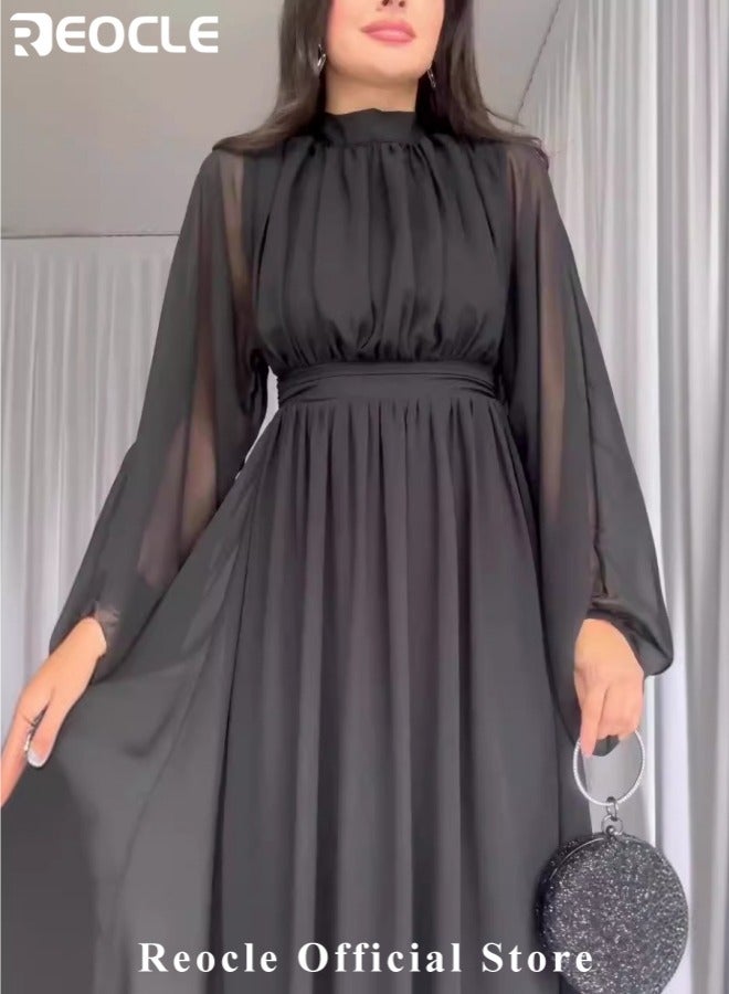 REOCLE Women's Casual Chiffon Long Dress Long Sleeve Crew Neck Dress High Waisted Pleated Design Loose Maxi Dress Solid Color A-Line Formal Dress - Image 5