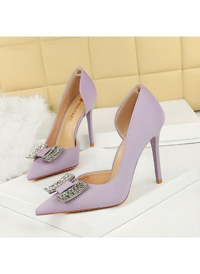 بيج تري المضخات النسائية مغلقة أشارت إصبع القدم الكعب العالي الحزب فستان الأحذية الخفيفة الأرجواني 10CM - Image 1