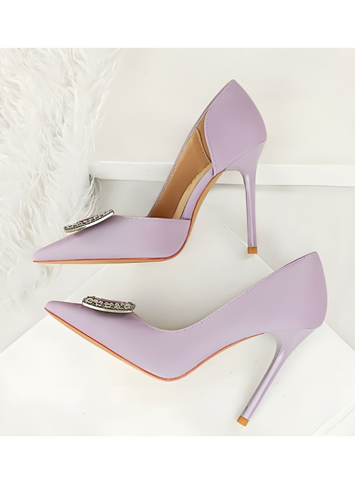 بيج تري المضخات النسائية مغلقة أشارت إصبع القدم الكعب العالي الحزب فستان الأحذية الخفيفة الأرجواني 10CM - Image 3