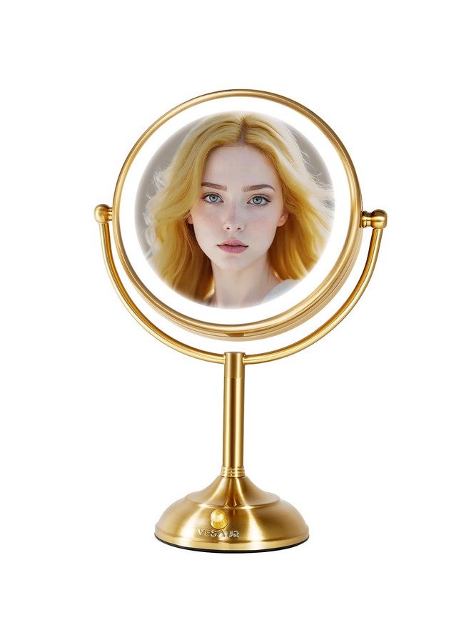 فيسور مرآة مكياج كبيرة مضيئة باللون الذهبي من VESAUR مقاس 8.5 بوصة، مرآة مكبرة شفافة بدون درزات 1X/10X، مرآة زينة ساطعة مع أضواء قابلة للتعتيم بثلاثة ألوان، قاعدة ثابتة تدور بزاوية 360 درجة على الوجهين، نيكل فاخر، صندوق هدايا - Image 1