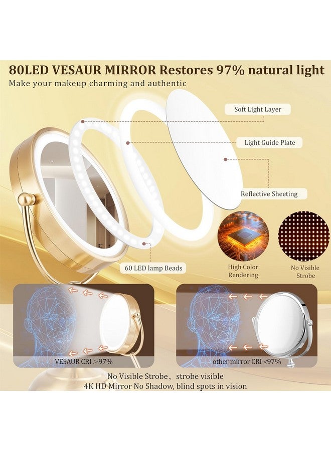 فيسور مرآة مكياج كبيرة مضيئة باللون الذهبي من VESAUR مقاس 8.5 بوصة، مرآة مكبرة شفافة بدون درزات 1X/10X، مرآة زينة ساطعة مع أضواء قابلة للتعتيم بثلاثة ألوان، قاعدة ثابتة تدور بزاوية 360 درجة على الوجهين، نيكل فاخر، صندوق هدايا - Image 2